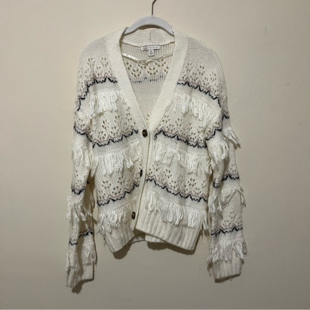 cato | fringe knit cream & white pattern boho button cardigan | medium